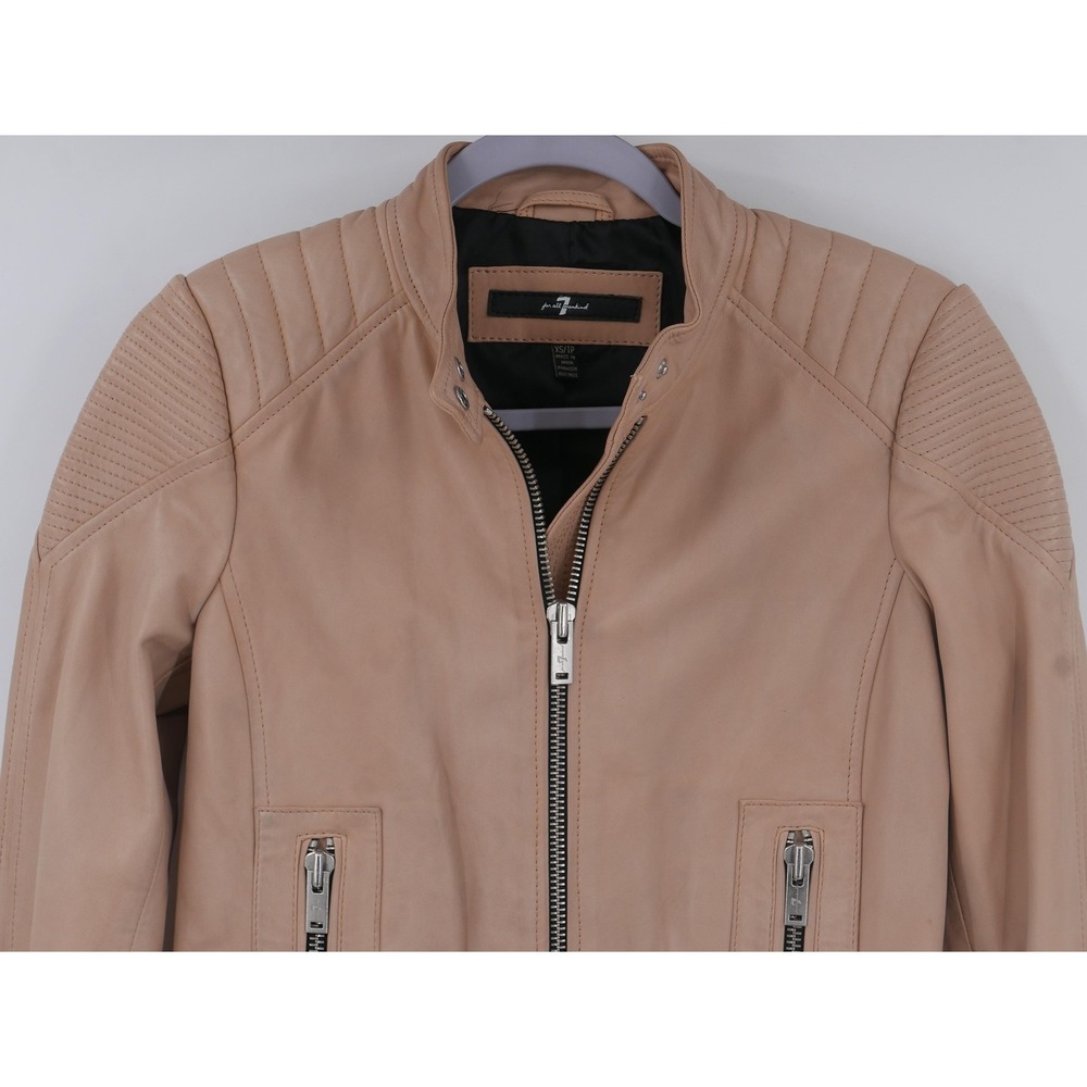 7 For All Mankind Leather Jacket Beige Moto Biker Quilted Zip Pockets Women's XS